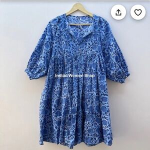 Blue Floral Midi Dress, 100% cotton, hand block print, made in India, Kyra